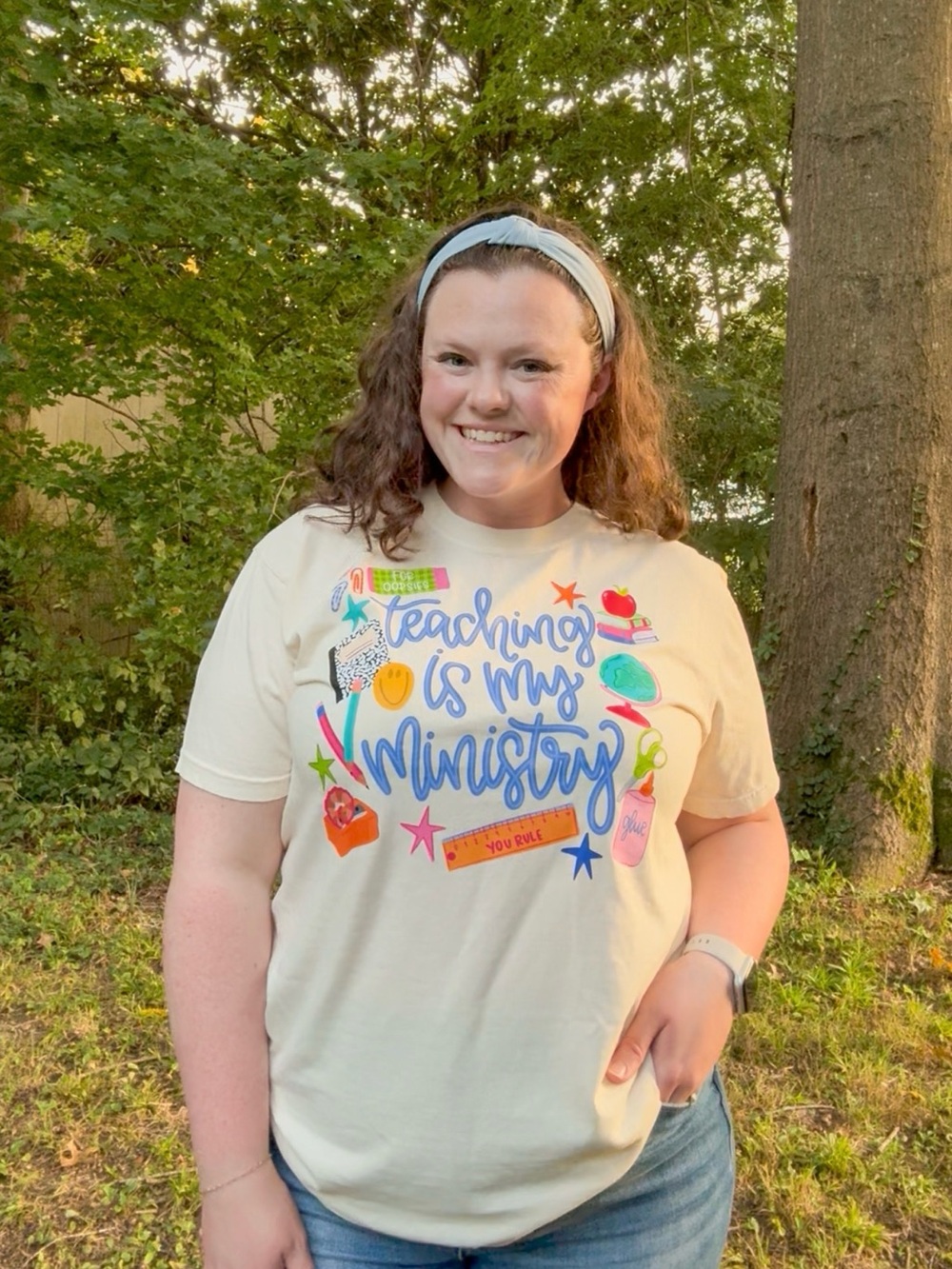 Comfort Colors Cream Graphic Tee with Colorful 'Teaching Is My Ministry' Design